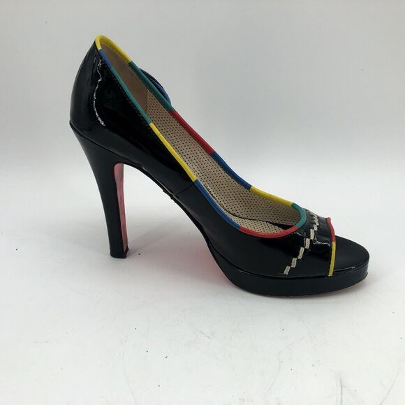 Betsey Johnson Black Womens 7.5 Open Peep Toe High Heels Shoes Multicolor Floral - Picture 5 of 16